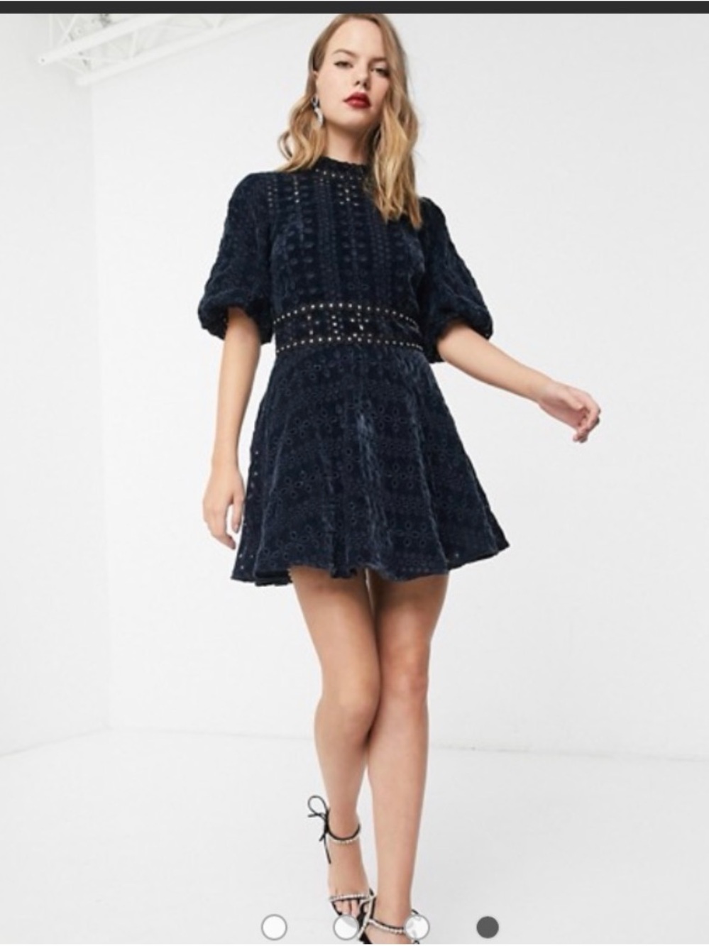 ASOS Navy velvet Eyelet Lace Fit-and-Flare Dress with Open Back 0